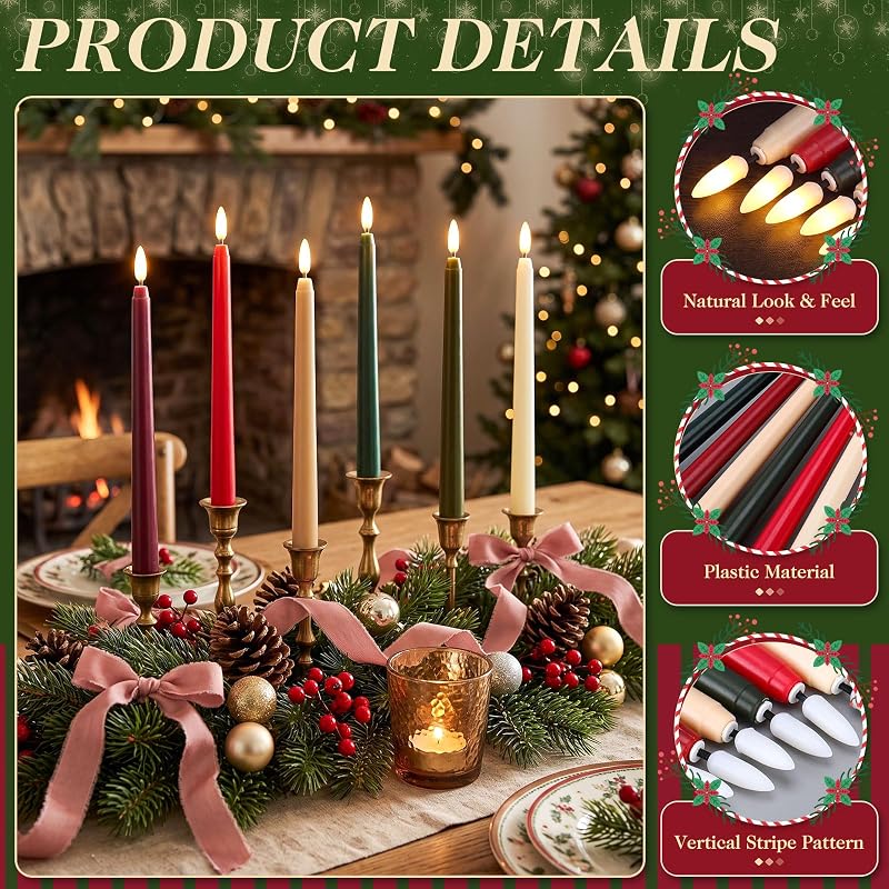 24 Pcs 11'' Christmas Flameless Taper Candles - Variation: Retro Christmas