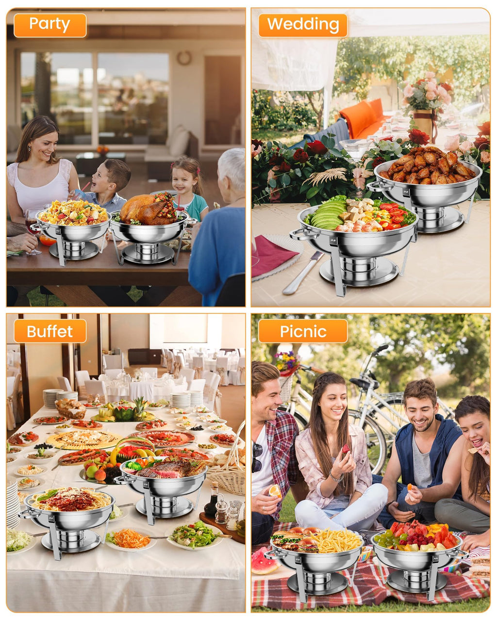 Chafing Dish Buffet Set 2 Pack, 5 QT Round Stainless Steel Chafer and Food Warmers with Food & Water Pan, Lid, Frame, Fuel Holder for Catering, Parties, Events, Wedding, Camping, Dinner