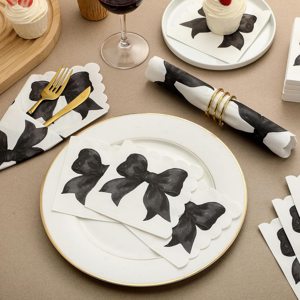 Skyygemm Black Bow Napkins - 150 Pcs Disposable Party Supplies for Bachelorette & Bridal Showers