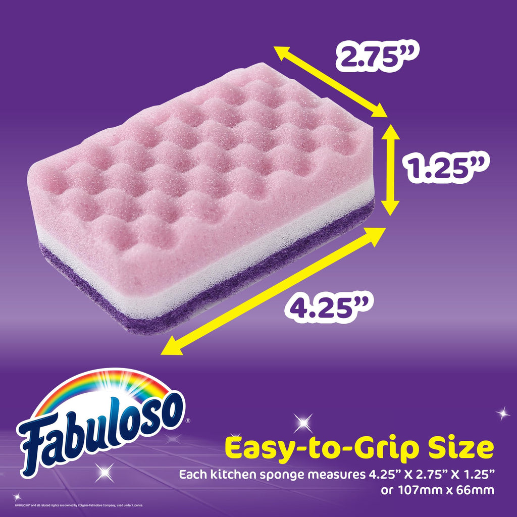 Fabuloso Scratch-Free Kitchen Dish Sponges, Purple Cellulose Scrubber Sponge with Scouring Pad for Dishes, Pots, Pans, Counters and Sinks, Tough on Messes, 4.25 x 2.75 x 1.25 in, 12 Count