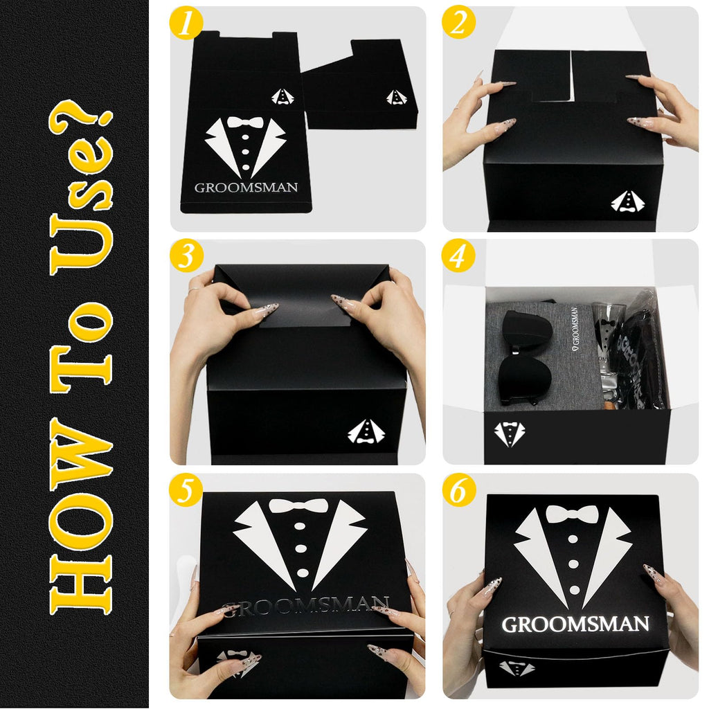 Mhoel 36Pcs Groomsmens Gifts Set of 6,Best Man Groomsmen Proposal Box Gifts,2oz Shot Glasses,Oxford Bags,Black Sunglasses,Bottle Openers,Socks,Proposal Boxes,Wedding Bachelor Party for Groomsmens