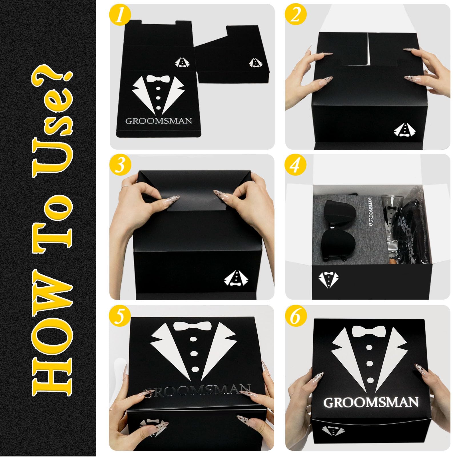 Mhoel 36Pcs Groomsmens Gifts Set of 6,Best Man Groomsmen Proposal Box Gifts,2oz Shot Glasses,Oxford Bags,Black Sunglasses,Bottle Openers,Socks,Proposal Boxes,Wedding Bachelor Party for Groomsmens