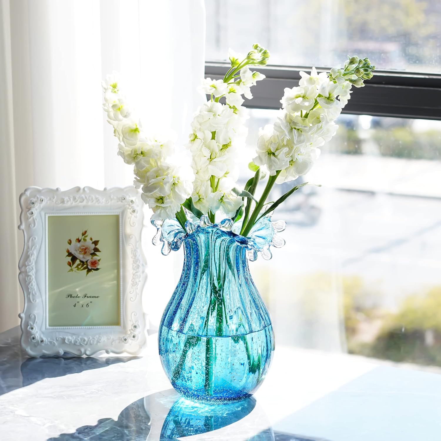 Skiennix 8-Inch Blown Glass Bubble Vase | Modern Art Flower Decor for Home & Weddings - Blue