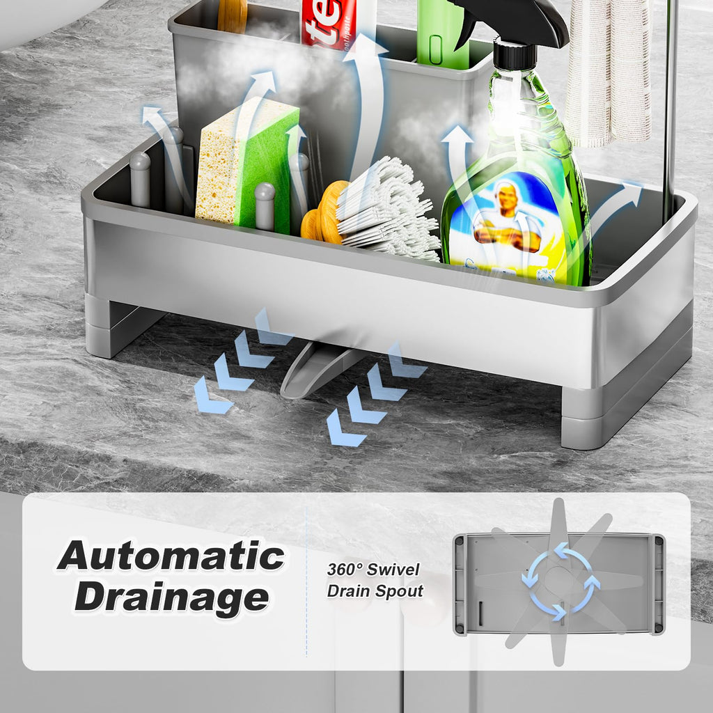 Ewaiira Sponge Holder for Kitchen Sink, Stainless Steel Sink Caddy with Brush Holder & Dishcloth Rack, Countertop Sink Organizer, Soap Dispenser Kitchen Organizers Storage Essentials (F-Gray 9.8″)