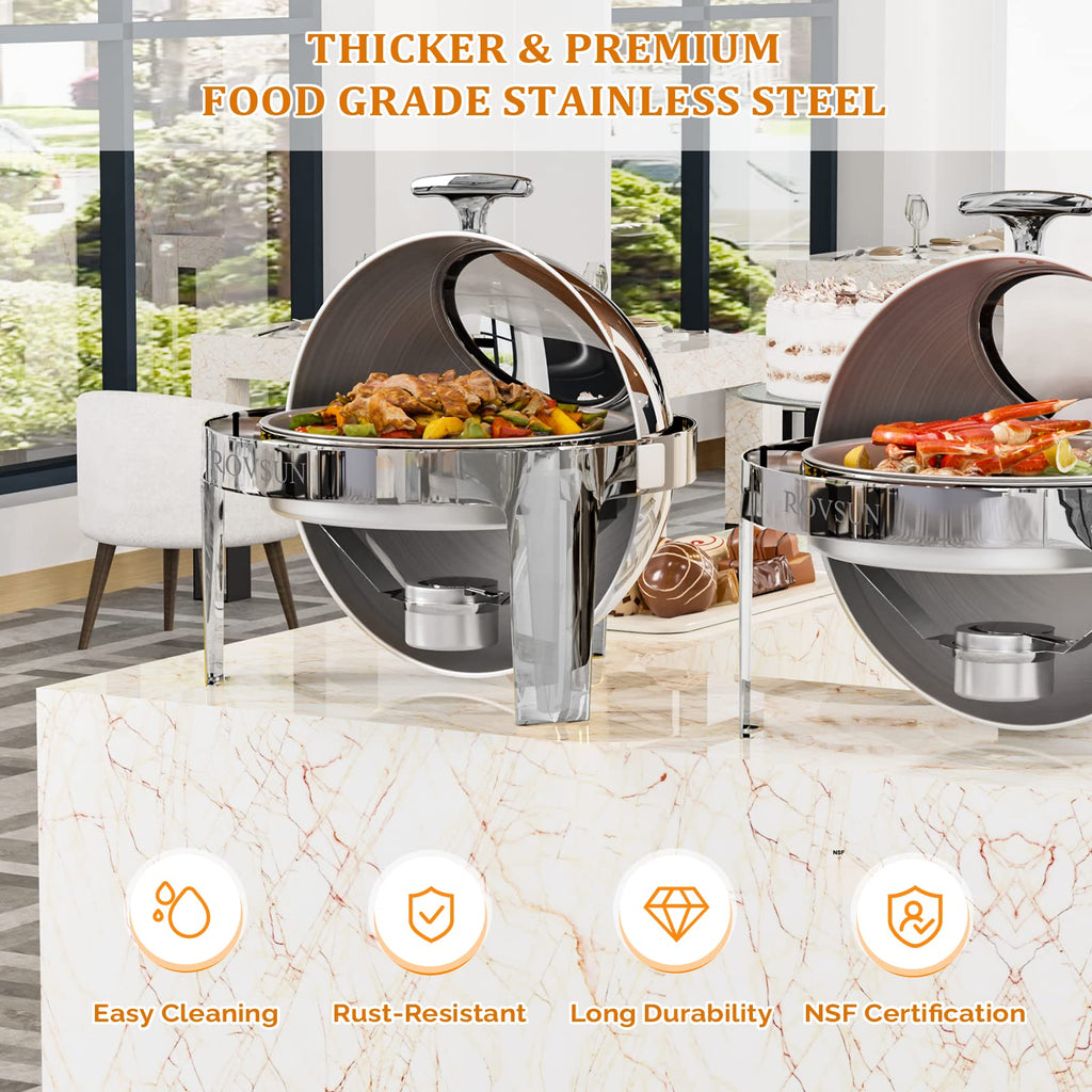 ROVSUN Roll Top Chafing Dish Buffet Set,6 QT Round Stainless Steel Chafer for Catering,Buffet Servers and Warmers Set with Glass Window for Weddings Party