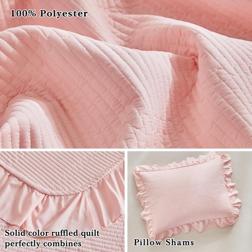 Flysheep Pink Ruffle Quilt Set Twin Size, 2 Pieces Shabby Chic Farmhouse Striped Bedspread Coverlet Set, Solid Lightweight Soft Microfiber Bed Cover for Kids (1 Ruffled Quilt + 1 Pillow Sham)