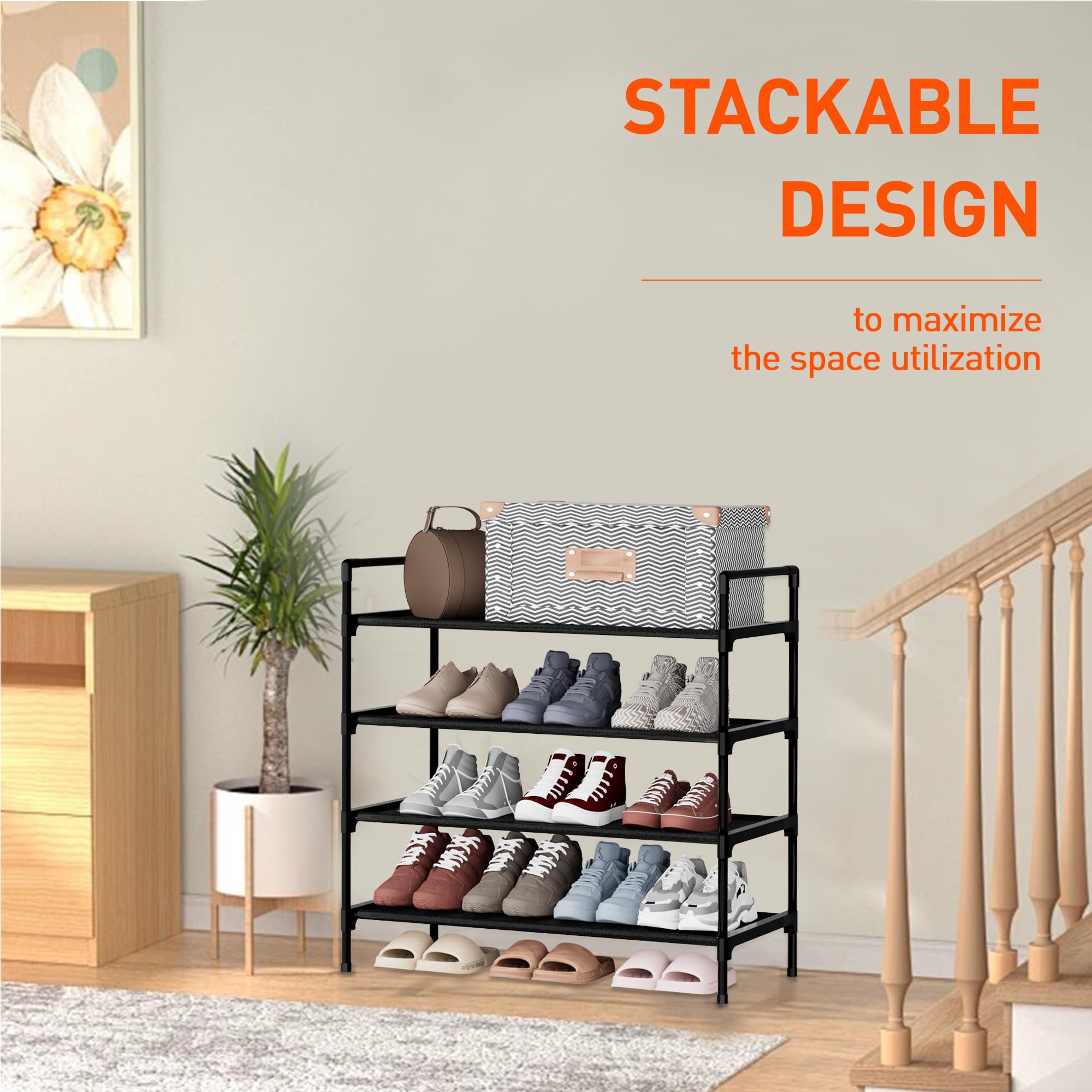 Nbwxcwbs Shoe Rack 4 Tier Shoe Organizer Shoe Storage Shoe Rack for Narrow Hallway Entryway Bedroom Easy Assembly (Black)