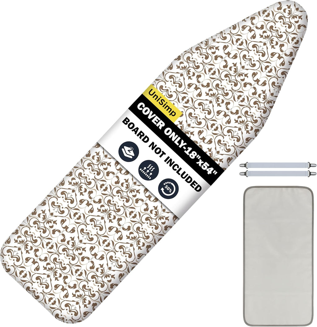 UniSimp Ironing Board Cover - Extra Thick Natural Cotton, Scorch & Stain Resistant | 18"x54" Taupe