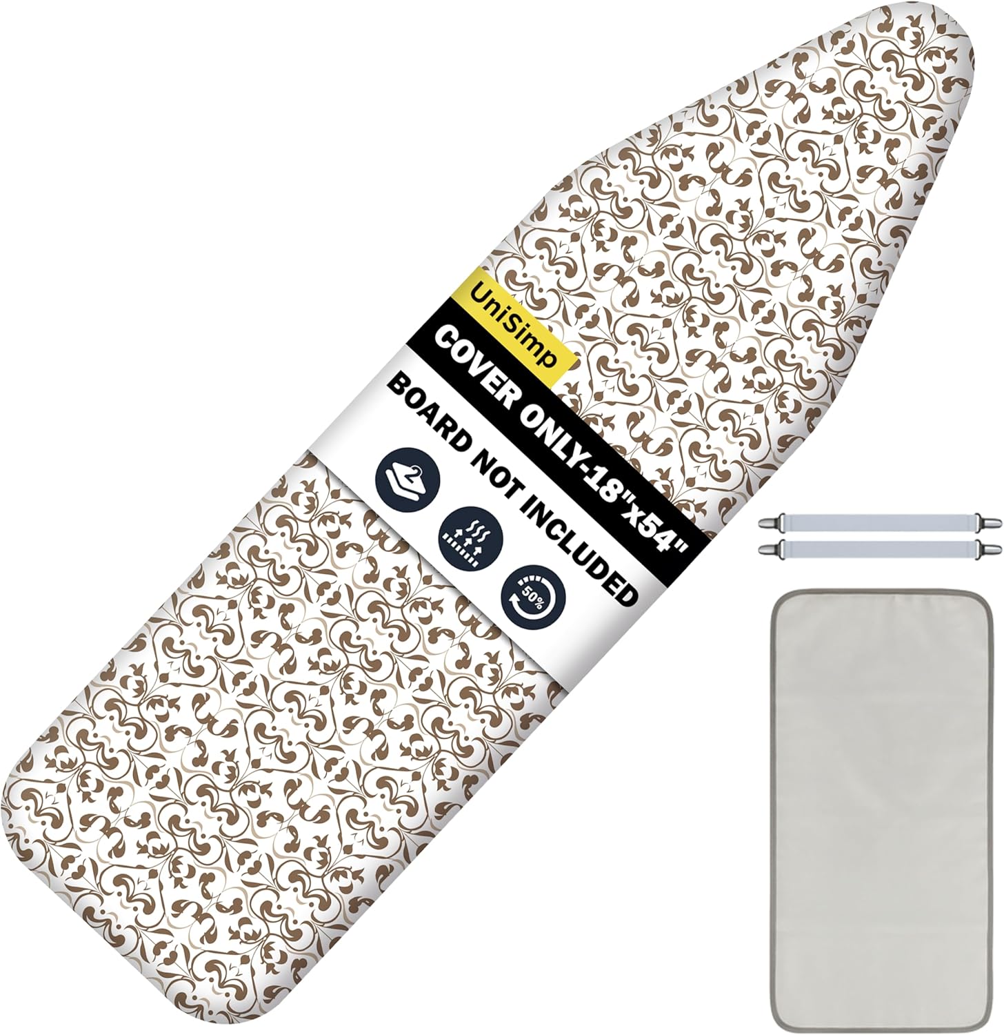 UniSimp Ironing Board Cover - Extra Thick Natural Cotton, Scorch & Stain Resistant | 18"x54" Taupe