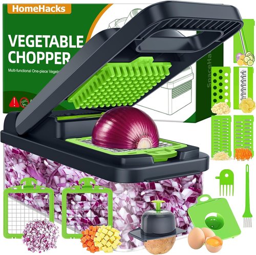 HomeHacks Vegetable Chopper - 12-in-1 Multi-Functional Kitchen Gadget with Handle | Green Dicer, Slicer & Grater