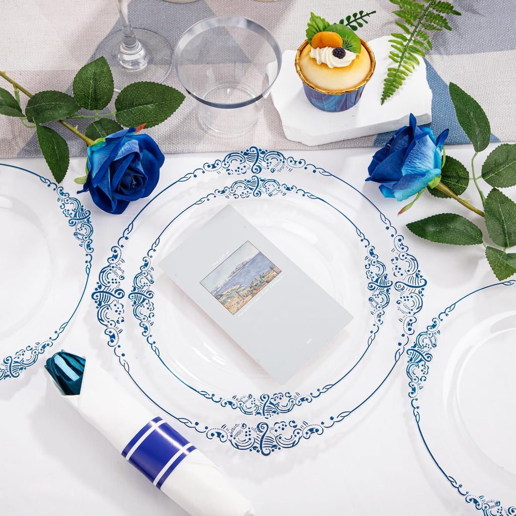 Hioasis 350pcs Clear Blue Plastic Plates - Elegant Disposable Dinnerware Set Suitable for 50 Guests Include 10.25" Dinner & 7.5" Dessert Plates, Pre Rolled Silverware Set, Cups for Party & Wedding