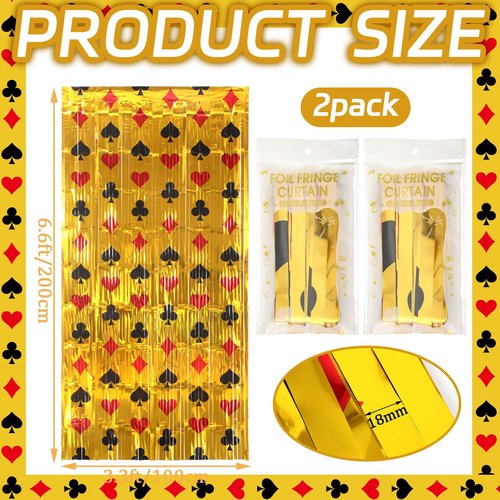 2 Pack Casino Theme Party Decorations Black and Red Poker Night Backdrop Foil Fringe Curtains Gold Metallic Tinsel Streamers 3.3 x 6.6 ft for Las Vegas Birthday Party Favors Supplies
