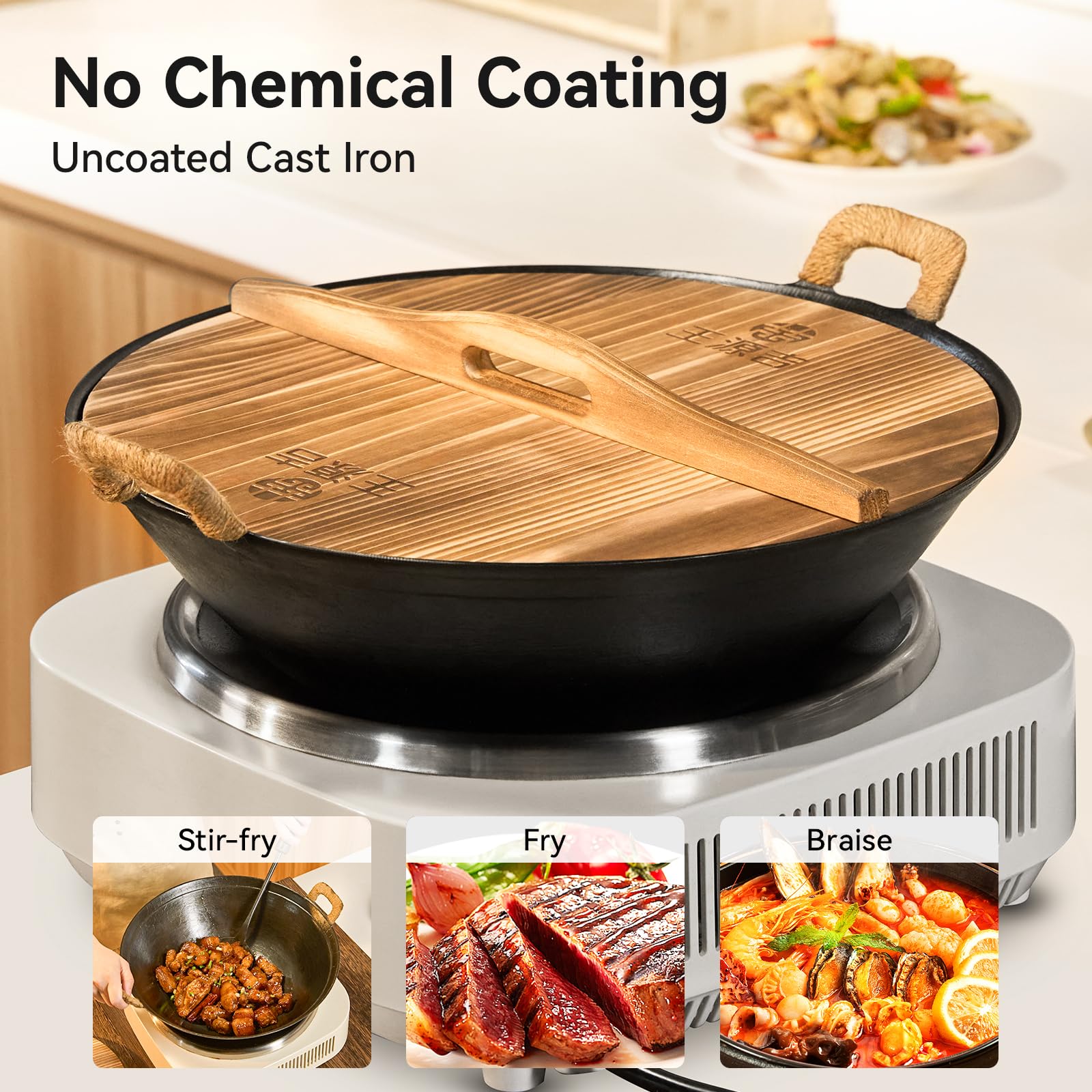 WANGYUANJI 13.4 Inch Cast Iron Wok with Wooden Lid and Iron Spatula, Flat Bottom Double-Handle Chinese Stir Fry Pan, Uncoated Cast Iron Wok for Induction, Gas and Electric Stoves