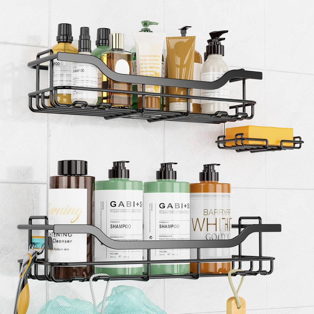 OMAIRA Shower Caddy - 3-Pack Rustproof No-Drill Organizer with Soap Holder for Smooth Walls & Glass Tile