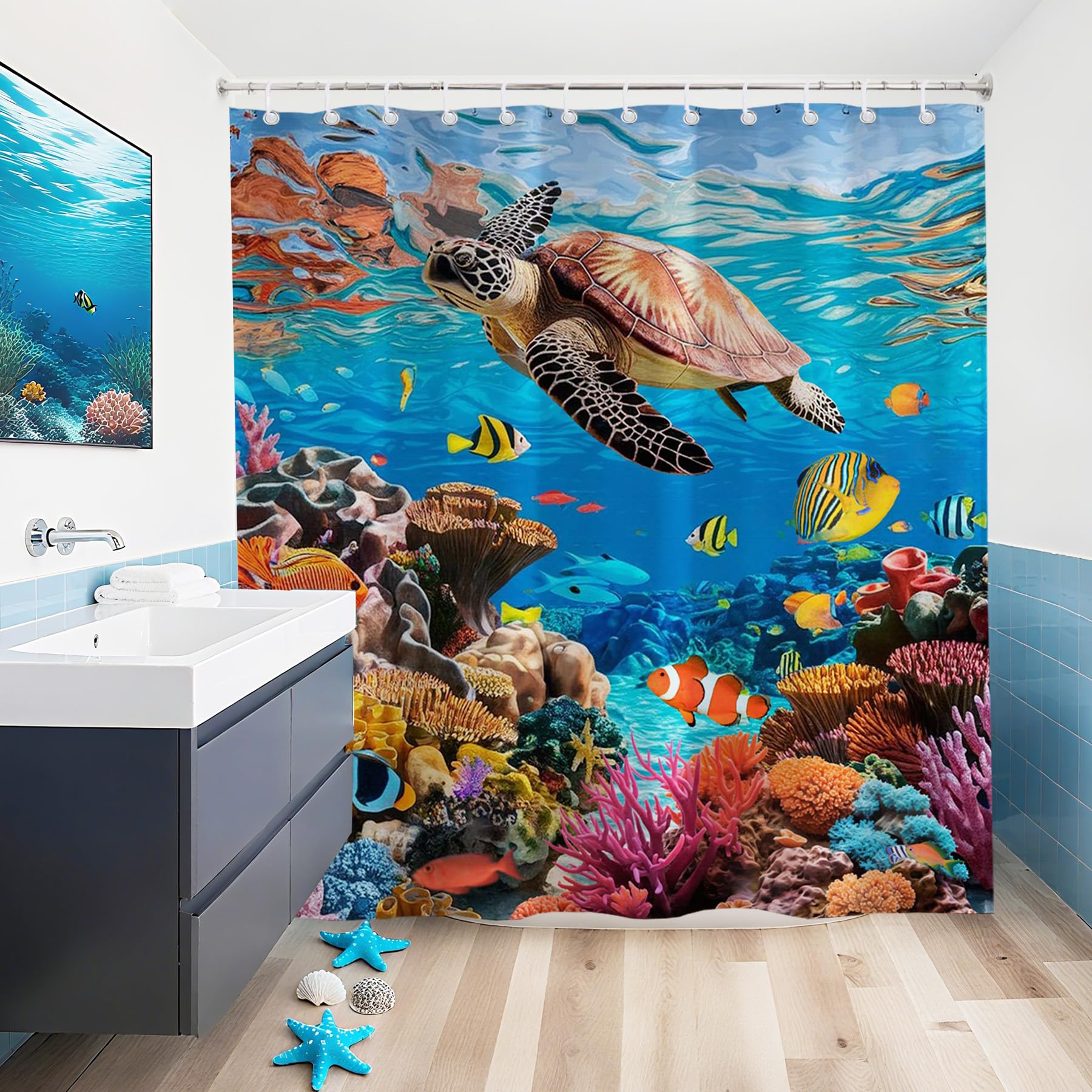 Mocsicka Ocean Shower Curtain Sea Turtle Underwater World Bathroom Decor for Kids Under The Sea Shower Curtain for Bathroom Fishes Coral Waterproof Bath Curtain with Hooks (71x71 Inch, Ocean)