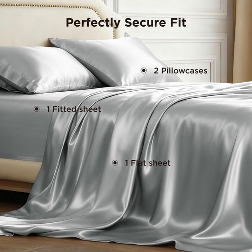 Bedsure Satin Sheets Queen Size - 4 Piece Silky Bedsheets with Elastic Corner Straps and 15 Inches Deep Pocket Fitted Bedsheet,1 Flat Sheet, 2 Satin Pillowcases, Good for Hair &Skin(Queen,Silver Grey)