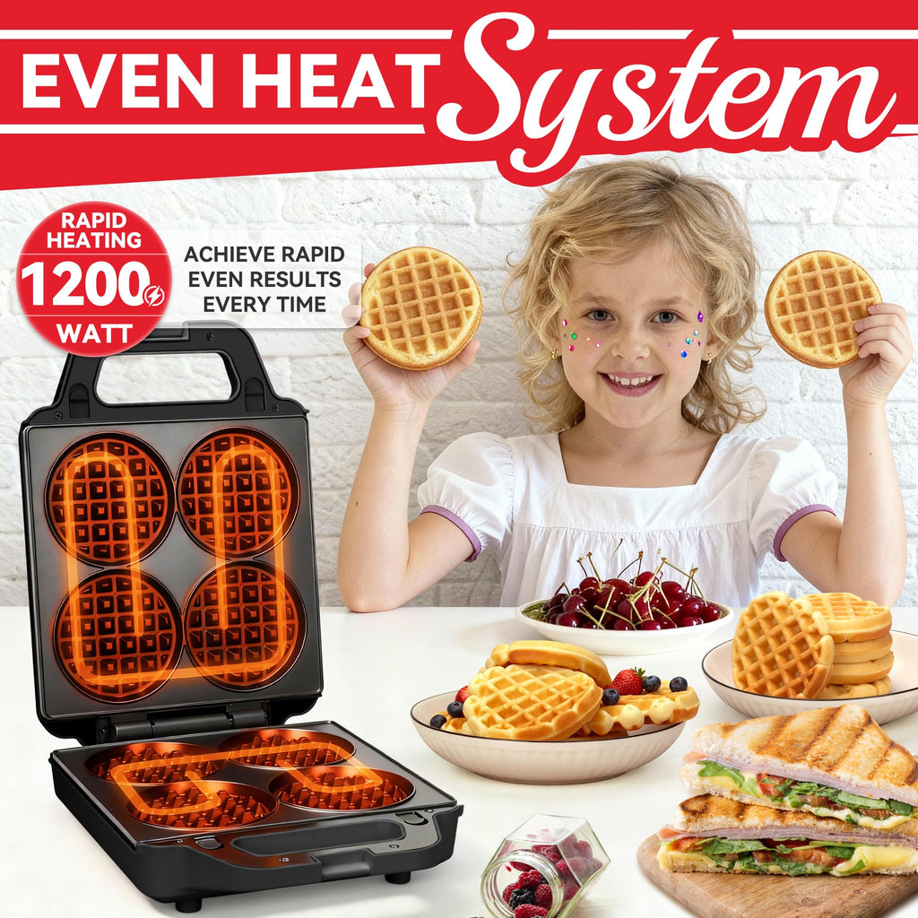SugarWhisk 2 in 1 Mini Waffle Maker with Removable Plates, Panini Press Sandwich Maker, Sandwich Press, Waflera Electrica, Sandwichera Electrica, 4 X 4 Inch Classic Waffle Maker for Kids, Graphite