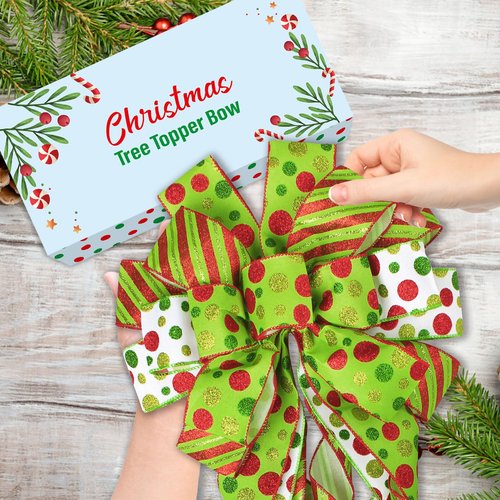 Wninbu Christmas Tree Topper Bow Wreath, 44 x 13 Inches Large Bow Tree Topper, Glitter Red and Green Christmas Wreath for Tree Indoor Outdoor Christmas Decoration