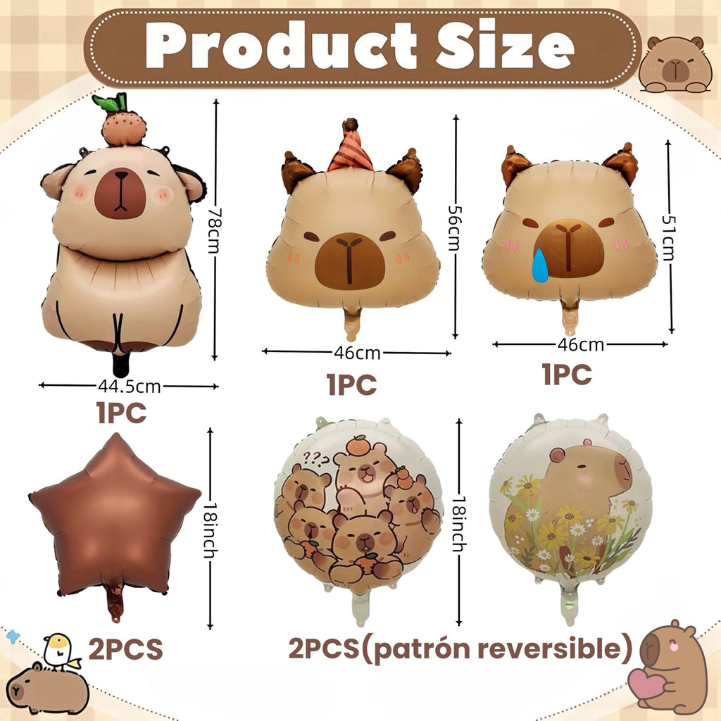7 PCS 24" Capybara Foil Balloons - Animal Theme Birthday Decorations for Baby Shower, Gender Reveal Party Supplies, Durable Aluminum Mylar Balloons with Hanging Strings & Star Accents