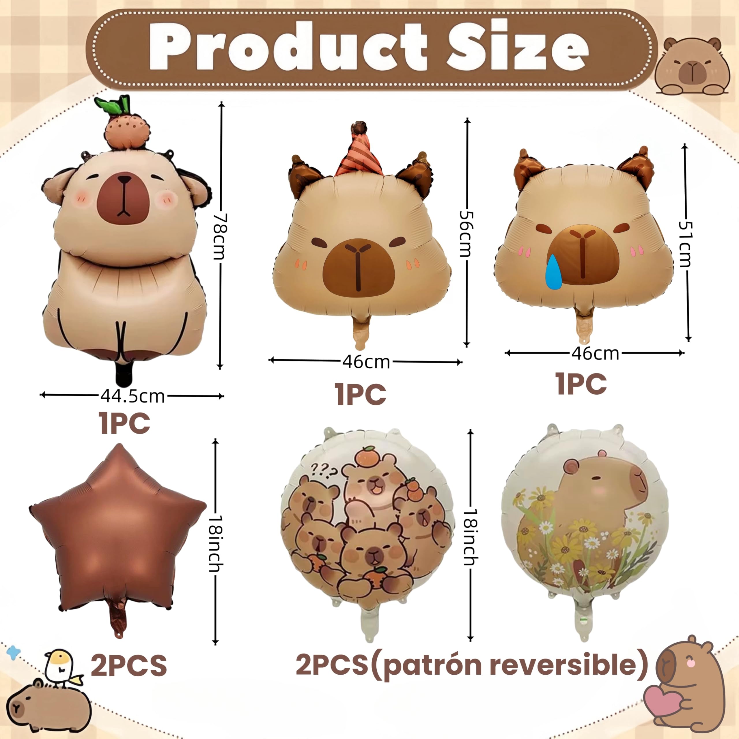 7 PCS 24" Capybara Foil Balloons - Animal Theme Birthday Decorations for Baby Shower, Gender Reveal Party Supplies, Durable Aluminum Mylar Balloons with Hanging Strings & Star Accents