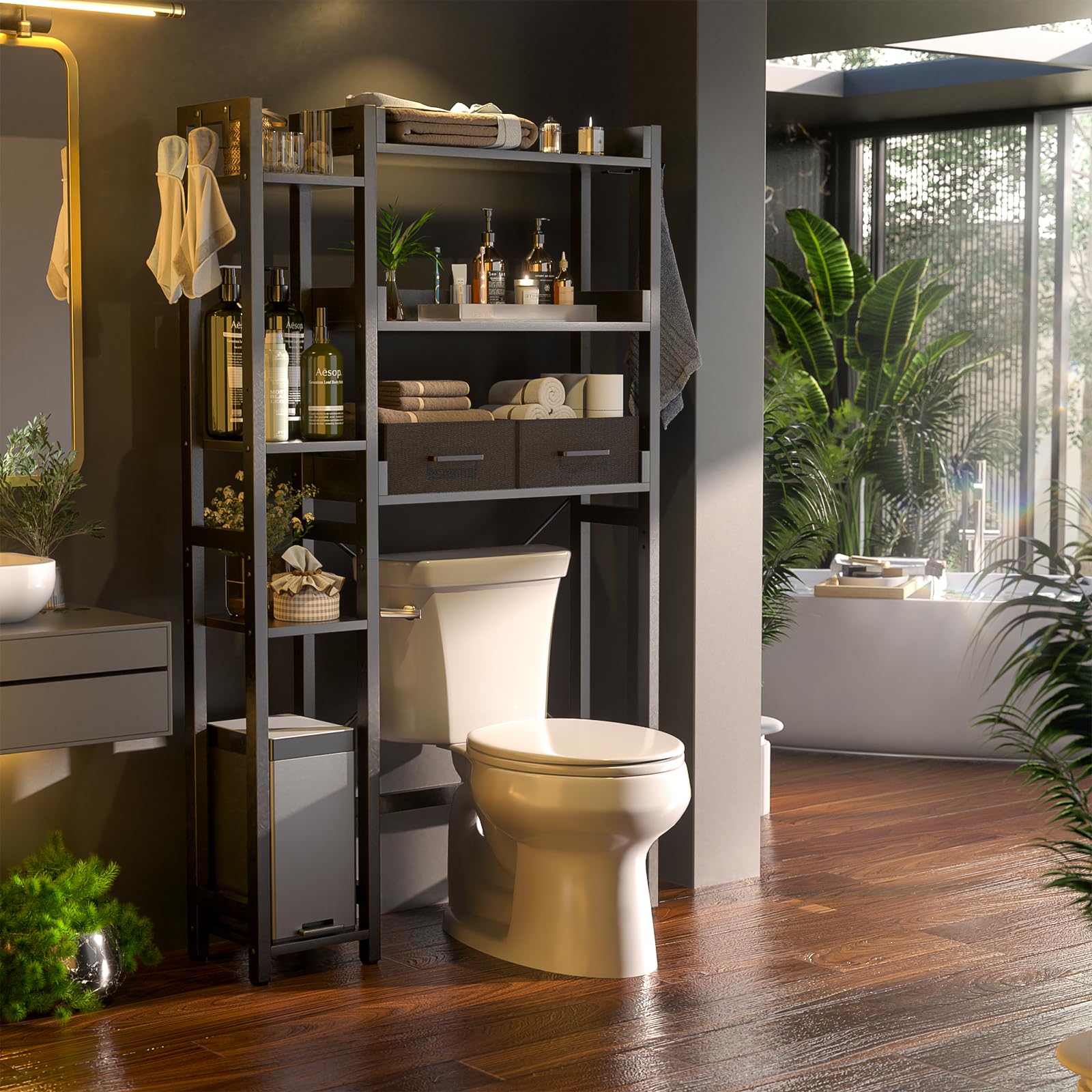 Besiost Over The Toilet Storage with 2 Drawers - 7 Tier Bathroom Organizer with Adjustable Shelf, Freestanding Space Saver Storage Rack Above Toilet Stand with 4 Hooks for Restroom, Laundry, Black