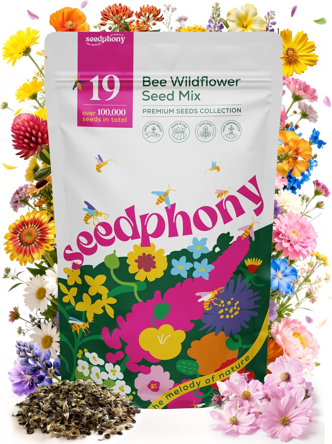 Seedphony Wildflower Seeds Mix - 100,000 Non-GMO Heirloom Seeds for Pollinators | 4oz Waterproof Packet