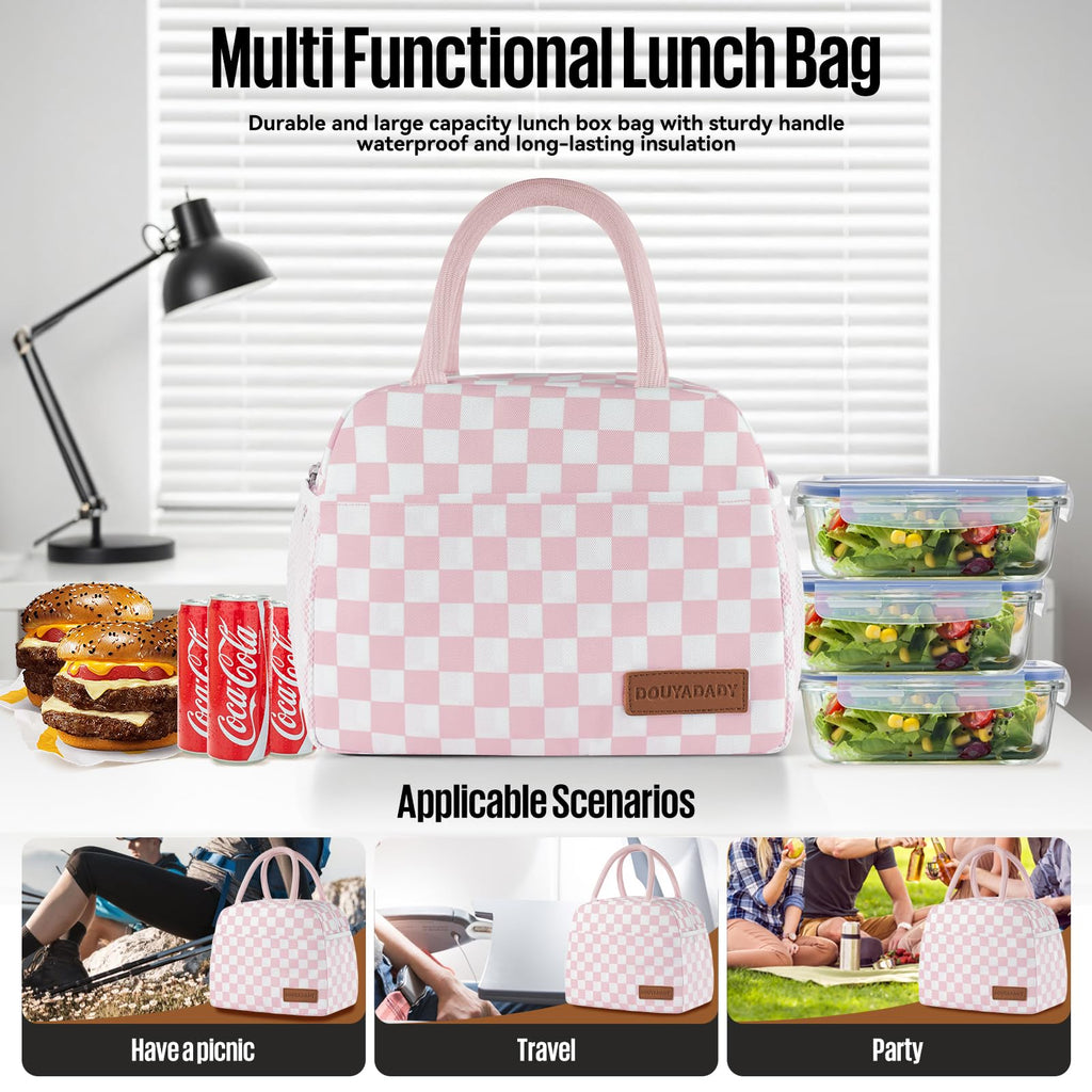 douyadady Lunch Bag Women/Men Lunch Box Women/Men (Pink+White Checkerboard)