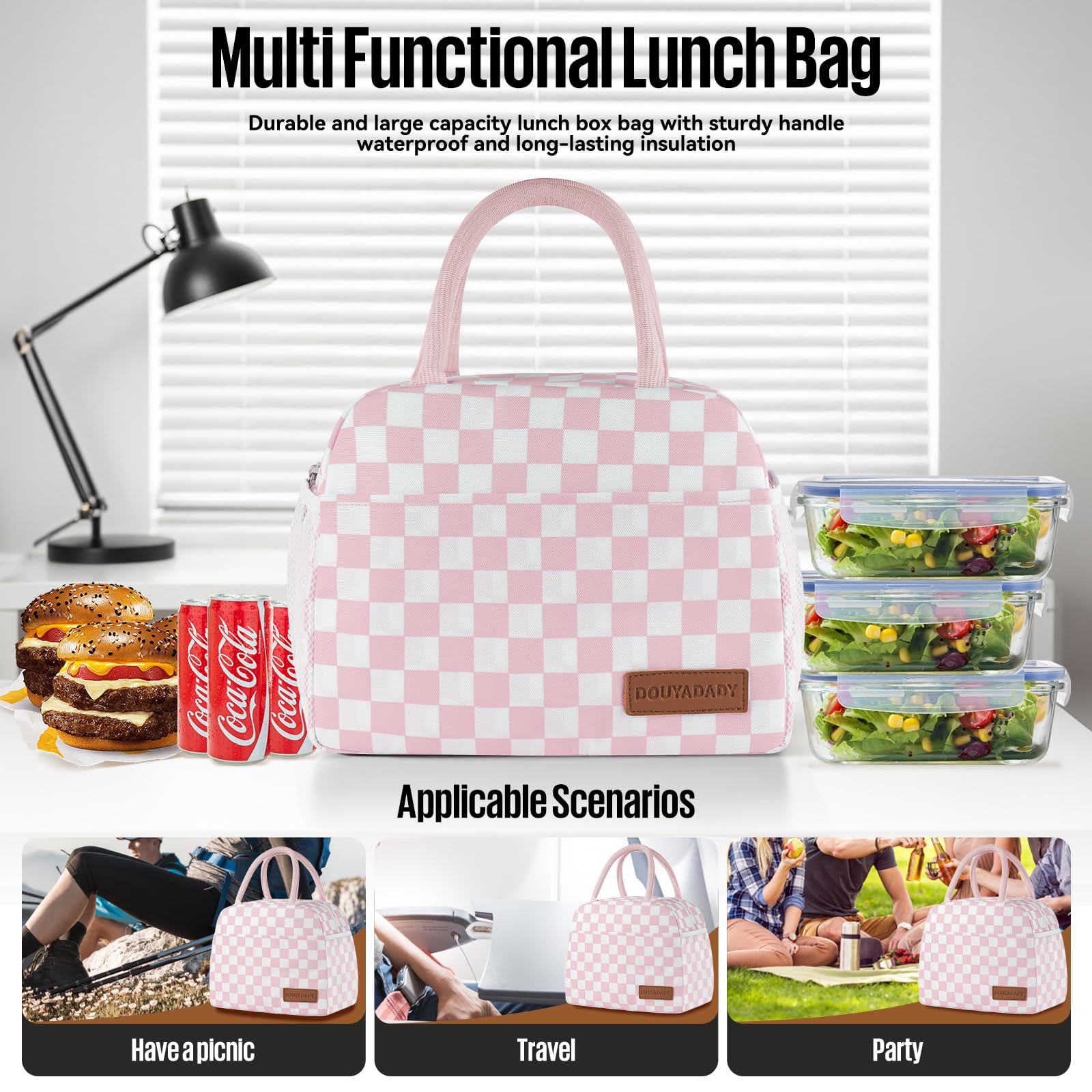 douyadady Lunch Bag Women/Men Lunch Box Women/Men (Pink+White Checkerboard)
