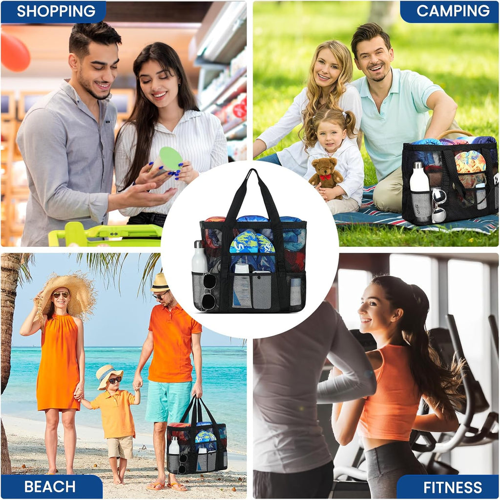 Mesh Beach Bag by [Brand Name] - Large Tote with 8 Pockets for Vacation Essentials