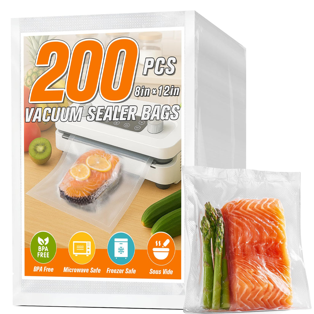 FUNFERY Precut Vacuum Sealer Bags for Food, 200 Quart 8" x 12", Food Long-Term Storage and Sous Vide Commercial-Grade Bag, BPA Free for Microwave, Boiling,Sous Vide, Refrigerator