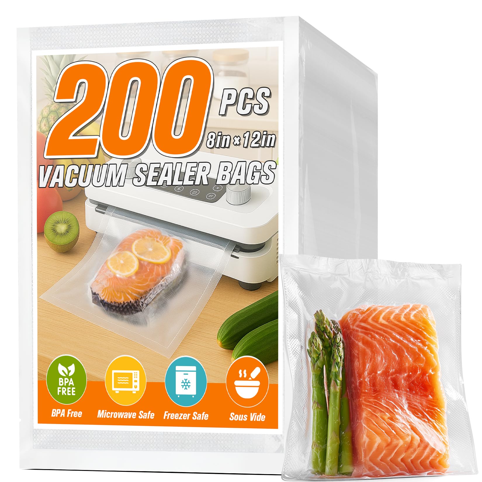 FUNFERY Precut Vacuum Sealer Bags for Food, 200 Quart 8" x 12", Food Long-Term Storage and Sous Vide Commercial-Grade Bag, BPA Free for Microwave, Boiling,Sous Vide, Refrigerator