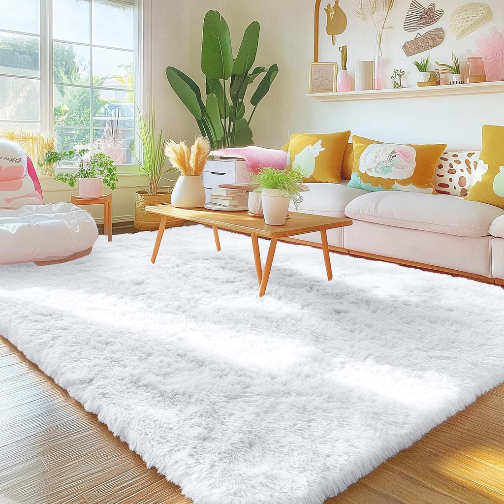 OLANLY Area Rugs - Soft Fluffy Shaggy Indoor Carpet for Living Room & Bedroom | 5x6 ft, White