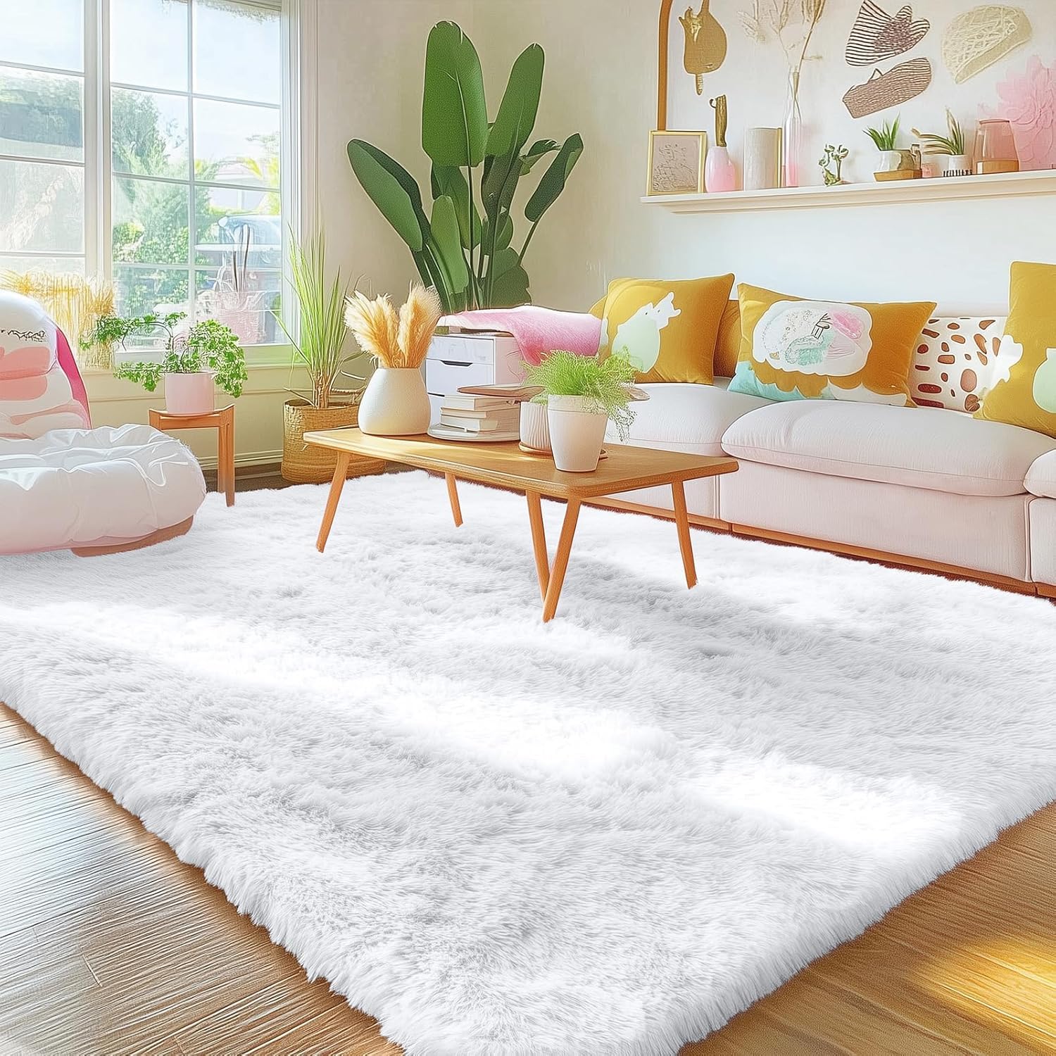 OLANLY Area Rugs - Soft Fluffy Shaggy Indoor Carpet for Living Room & Bedroom | 5x6 ft, White