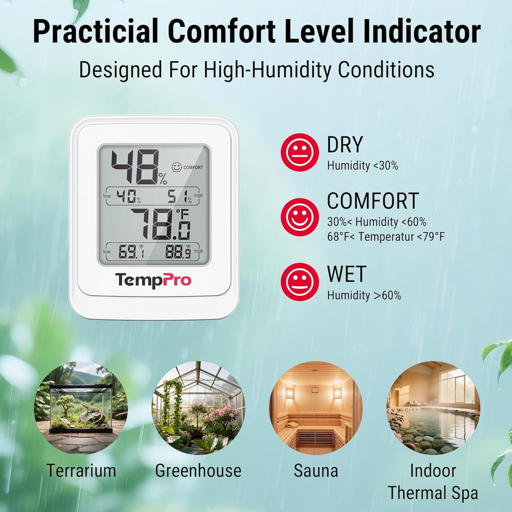 TempPro Greenhouse Thermometer Hygrometer - IPX5 Humidity Resistant Monitor for Indoor Grow Tents