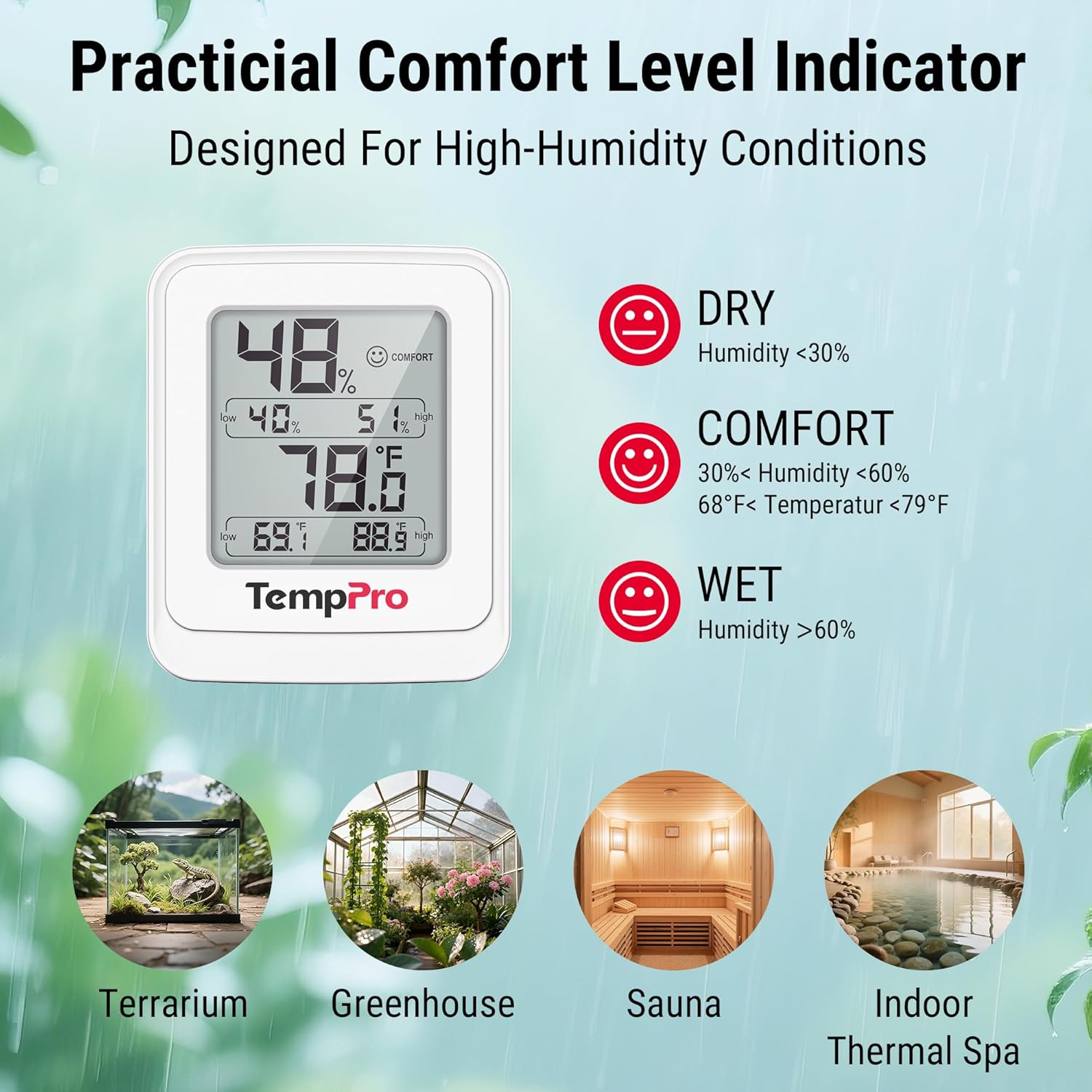 TempPro Greenhouse Thermometer Hygrometer - IPX5 Humidity Resistant Monitor for Indoor Grow Tents