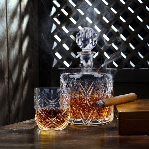Crystal Whiskey Decanter Set for Men, Premium 37 Oz Decanter with 4 Whiskey Glasses, Whiskey Stones, Tongs - Classic Liquor Decanter for Scotch, Bourbon, Vodka, and More - Perfect for Home Bar