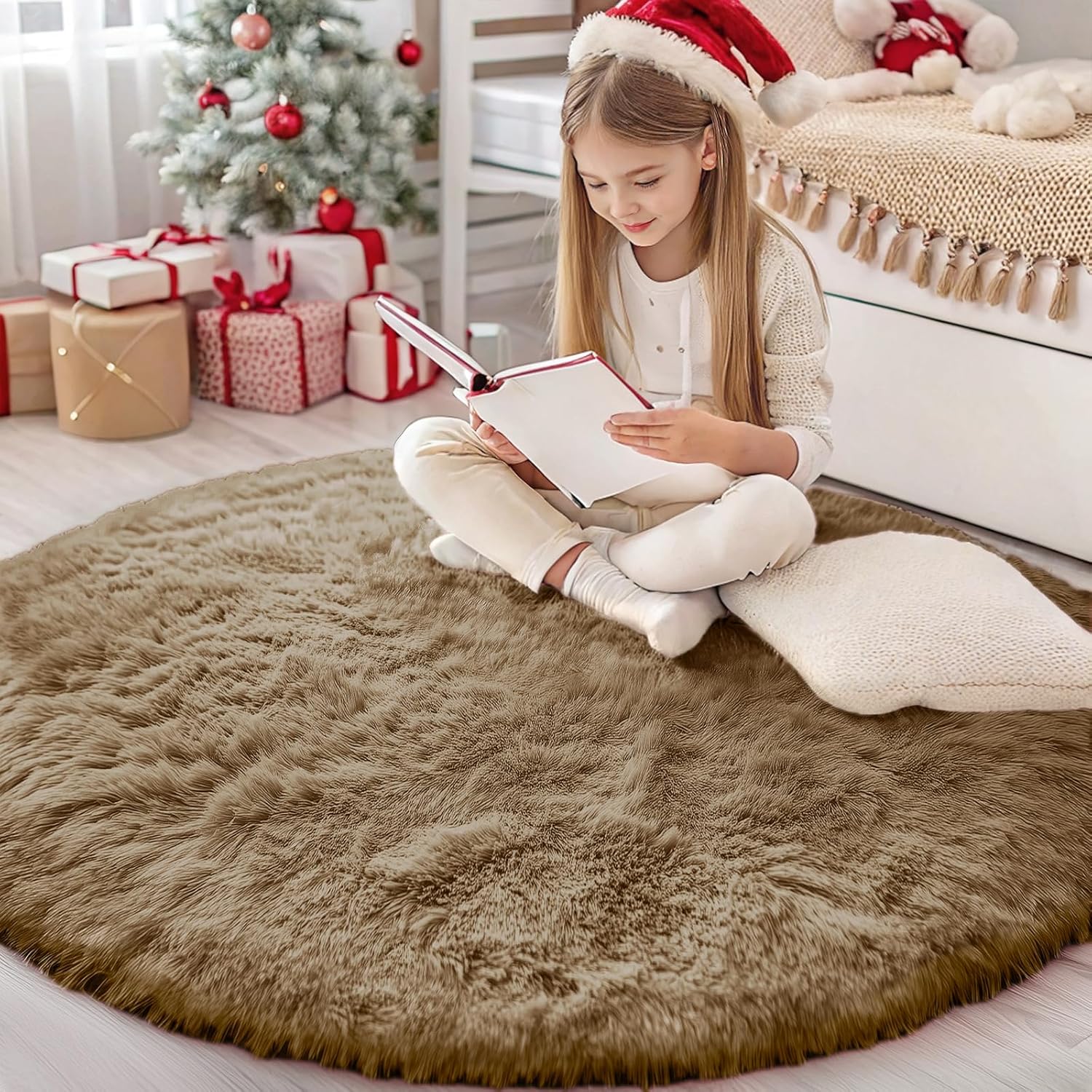 OLANLY Round Taupe Area Rug - Soft, Fluffy, Machine Washable 4 ft Circle Carpet for Bedroom & Nursery
