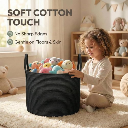 JMvicyroam 65L Extra Large Blanket Basket - Woven Cotton Rope Laundry Hamper with Reinforced Handles | Machine Washable Black Storage Bin for Pillows, Comforters & Toys