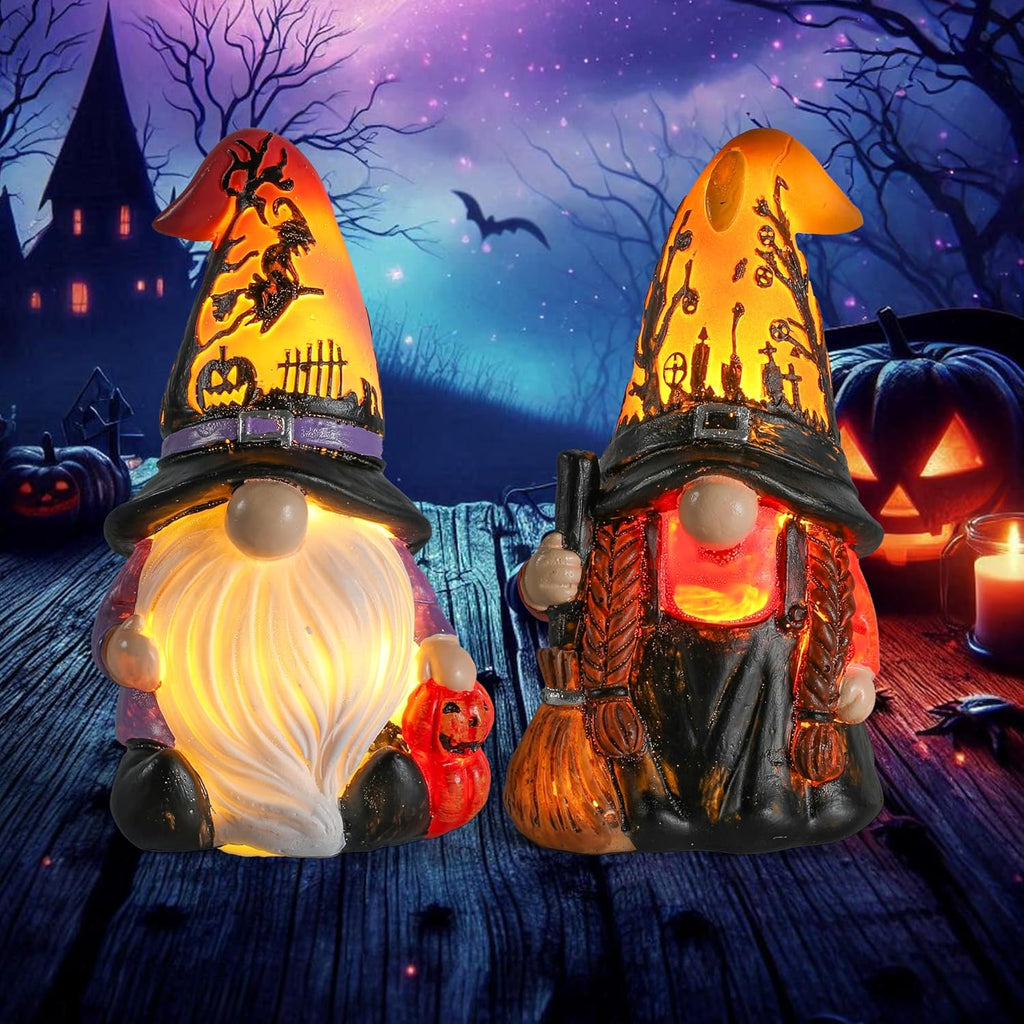 Regine Halloween Gnomes & Witch Figurines - 2-Pack Illuminated Fall Gnome Ornaments - 4.5'' Resin Indoor Decor