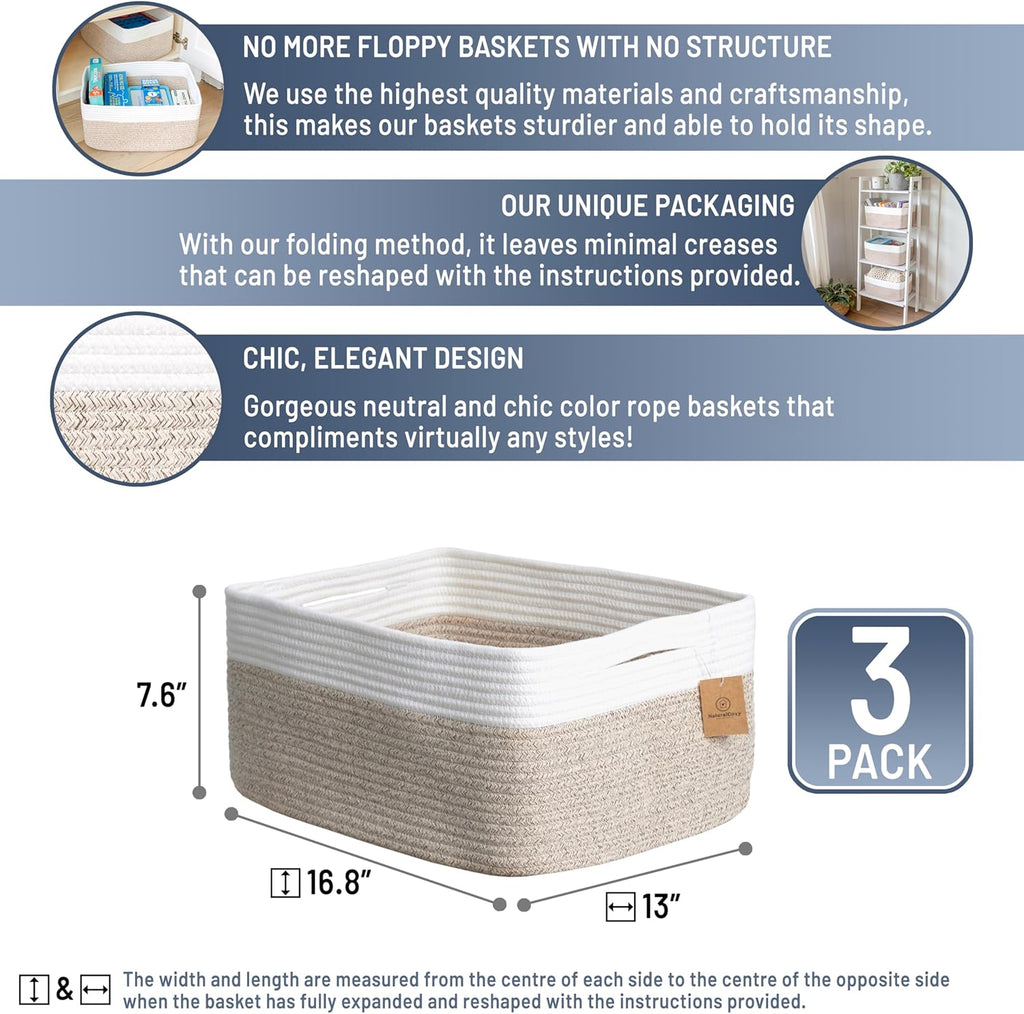 NaturalCozy Storage Baskets - 3-Pack Cotton Rope Bins for Organizing | 16.8”x13”x7.6” | Versatile Toy, Laundry, and Closet Storage