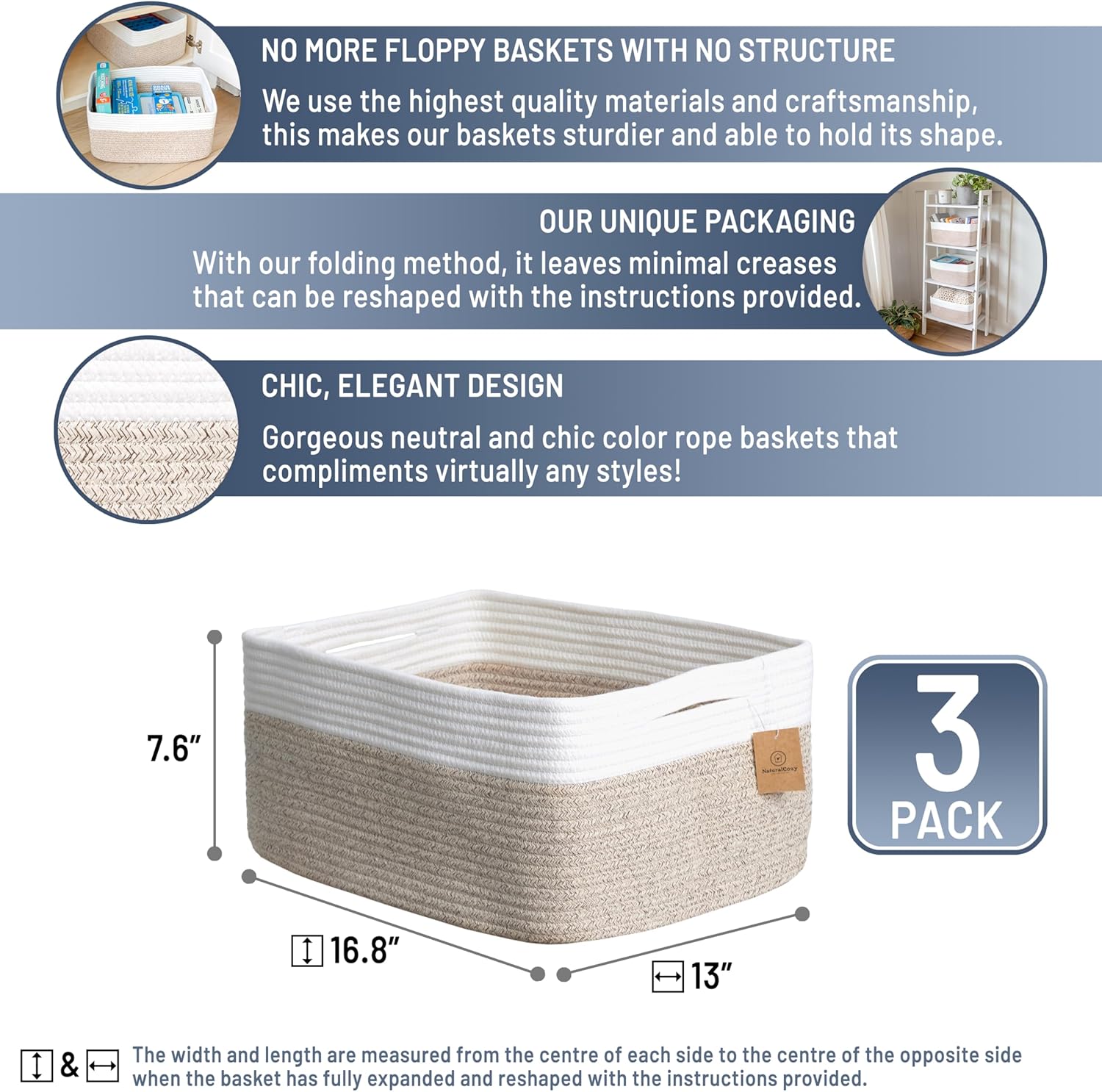 NaturalCozy Storage Baskets - 3-Pack Cotton Rope Bins for Organizing | 16.8”x13”x7.6” | Versatile Toy, Laundry, and Closet Storage