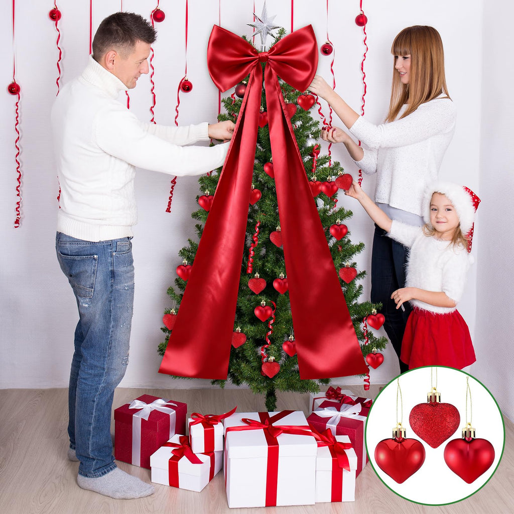 CraftyDream Valentine's Day Tree Topper Giant Bow Decor Satin 47.2 Inch with 36 Pcs Heart Ornaments Romantic Tree Decorations Ribbon Topper Bow Large Outdoor for Home Valentine's Hanging Decor(Red)