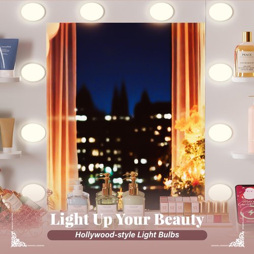 Furmax Vanity Desk with Mirror and LED Light Bulb, Small Makeup Vanity Table with Drawers, Dressing Table with Power Outlet and Hair Drayer Holder for Bedroom (White & Gold)