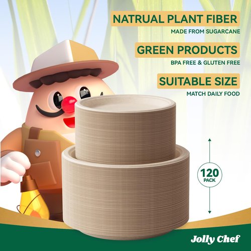 JOLLY CHEF Compostable Heavy Duty Plates 𝟳 𝗶𝗻𝗰𝗵 𝗮𝗻𝗱 𝟵 𝗶𝗻𝗰𝗵 [𝟭𝟮𝟬 𝗣𝗮𝗰𝗸] Eco-Friendly Disposable Paper Plates Bagasse Biodegradable Sugarcane for Party Hot Cold Foods Christmas(Brown)