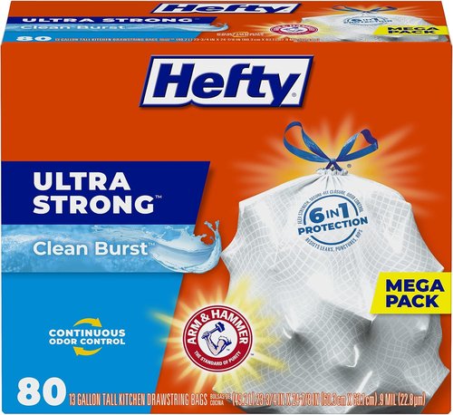 Hefty Ultra Strong 13 Gallon Trash Bags - Drawstring Closure & Odor Control | 80 Count, White Clean Burst Scent