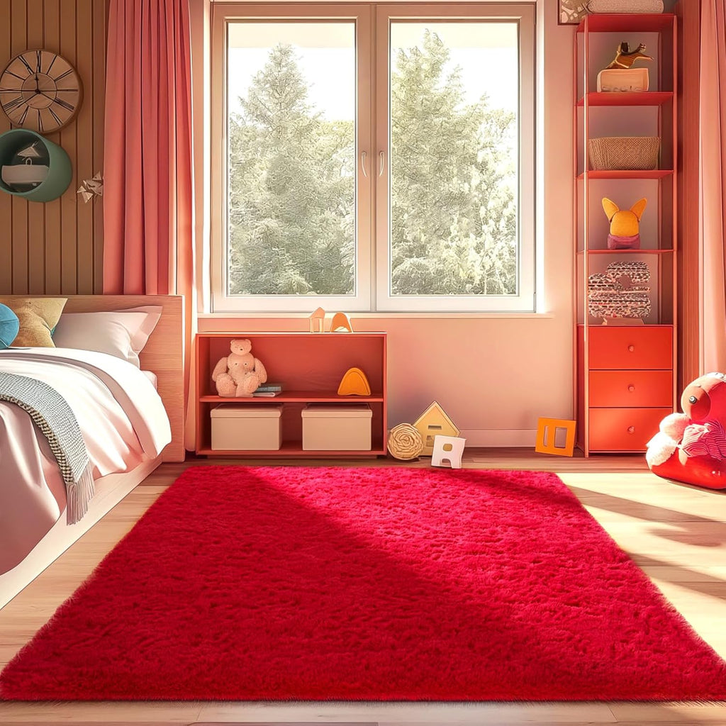 Ophanie Red Area Rug - Plush Soft Shaggy Carpet for Bedroom & Living Room | 4x6 Indoor Floor Decor