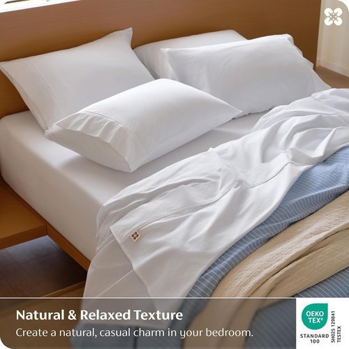 Bedsure 100% Washed Cotton Percale Sheets - Soft & Breathable 6-Piece Queen Set with 18" Deep Pocket (White)