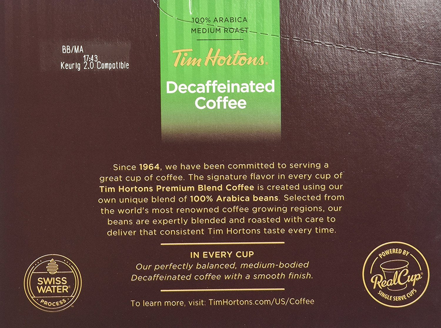 Tim Hortons Decaffeinated Single Serve Coffee Cups, 96 Count (Packaging May Vary)