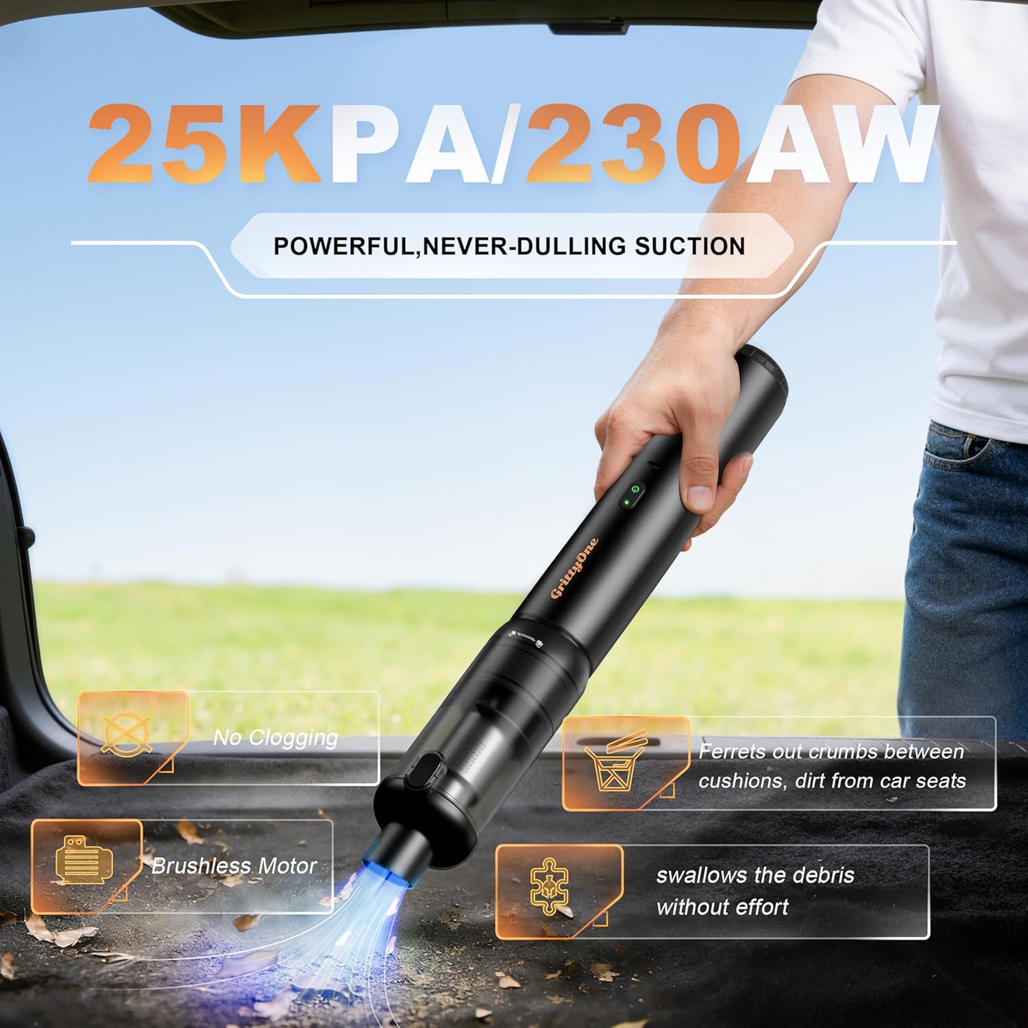 Skiennix Portable Cordless Car Vacuum - 25,000Pa Suction Power | 70-Minute Battery Life, HEPA Filters, Versatile Tools, Black