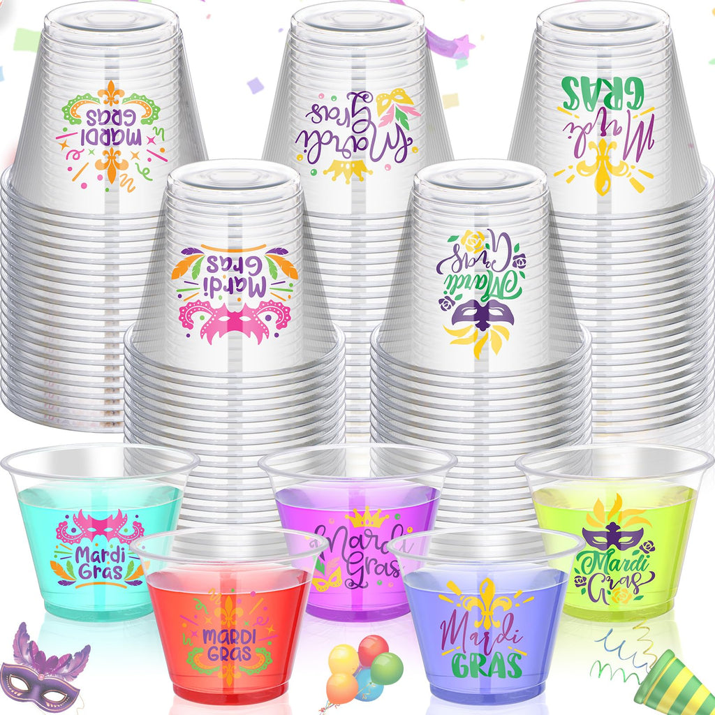Uiifan 100 Pcs Mardi Gras Cups Bulk 9oz Disposable Plastic Mardi Gras Drinking Cups Carnival Clear Cups Mardi Gras Carnival Party Supplies Suitable for Wine Coffee Tea Juice Soda Beer Beverages